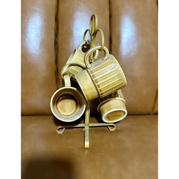 Four Ceramic Stacking Mugs Gold Drip Glaze With Metal Holder 1960's Boho Japan‎ - Picture 1 of 3